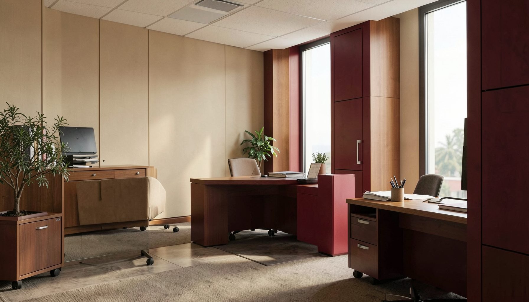 Modern office interior with wooden desks, red accent panels, plants and large windows