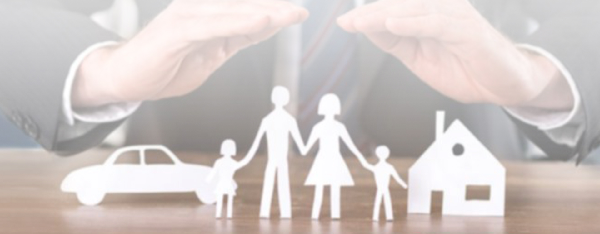 Illustration of hands hovering over paper cutout figures of a family, car and house, white and brown tones, protective mood