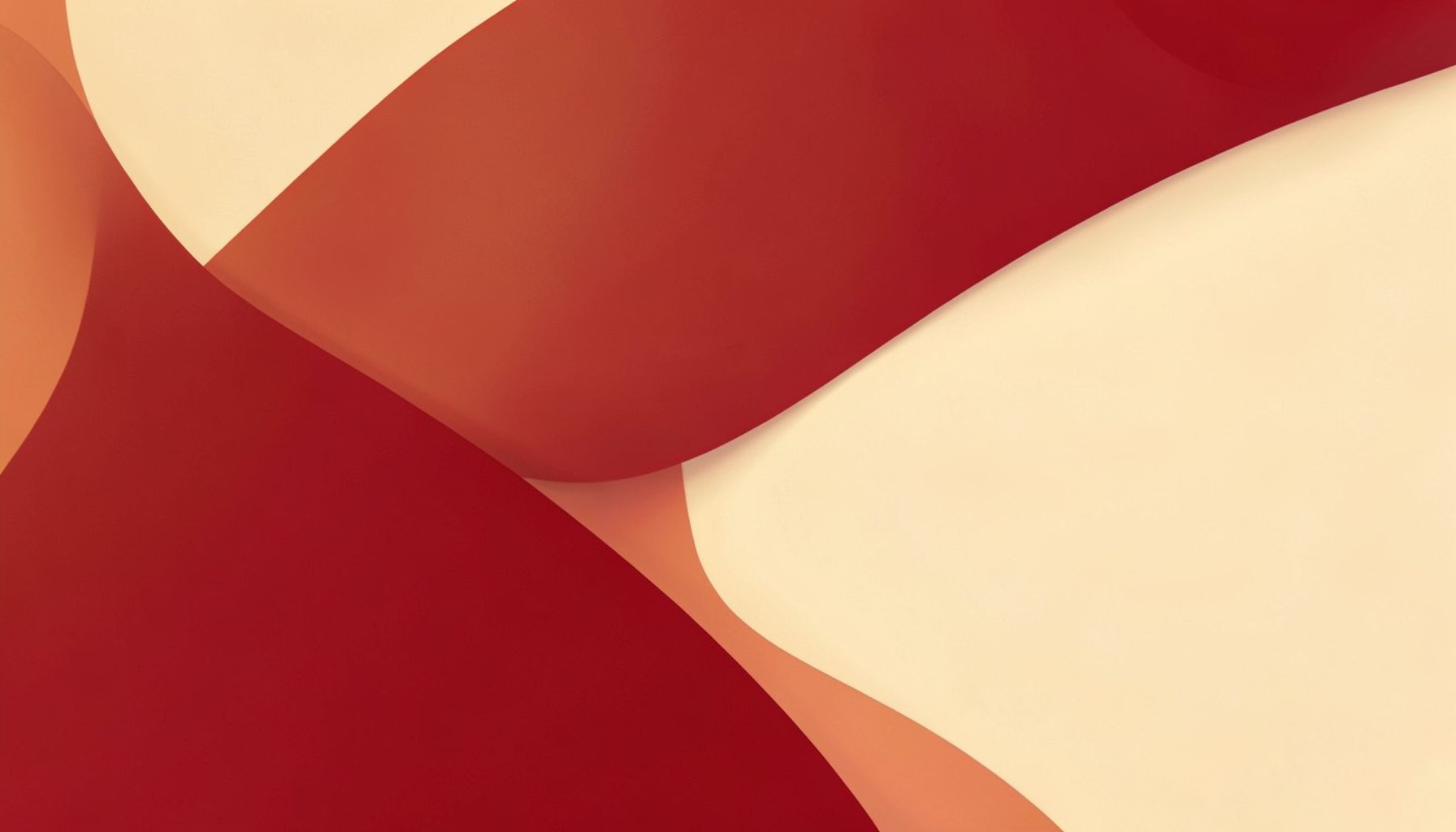 Abstract composition of curved overlapping shapes in red, dark red, orange, and cream tones